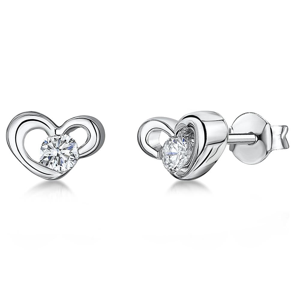 Sterling Silver Heart Stud Earring Set with A Single Round Cubic Zirconia Centre Stoneearrings - JOOLS By Jenny Brown