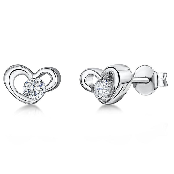 Sterling Silver Heart Stud Earring Set with A Single Round Cubic Zirconia Centre Stoneearrings - JOOLS By Jenny Brown