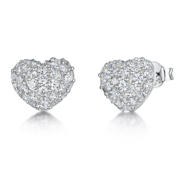 Sterling Silver Heart Stud Earrings Pave Set With Cubic Zirconia Stones - JOOLS By Jenny Brown