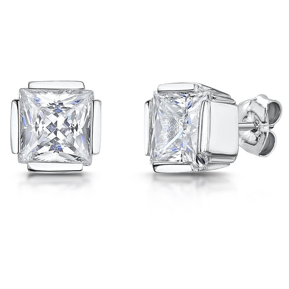 Sterling Silver Stud Earring With Princess Cut Cubic Zirconia In Rubover Setting With Open Corners JOOLS by Jenny Brown