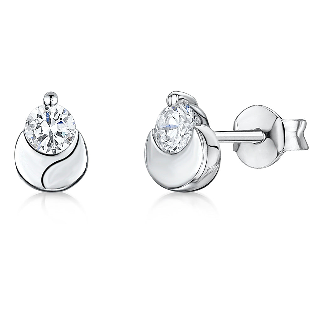 Cubic Zirconia Stud Earrings Cupped By Half Moon Sterling Silver Setting JOOLS by Jenny Brown