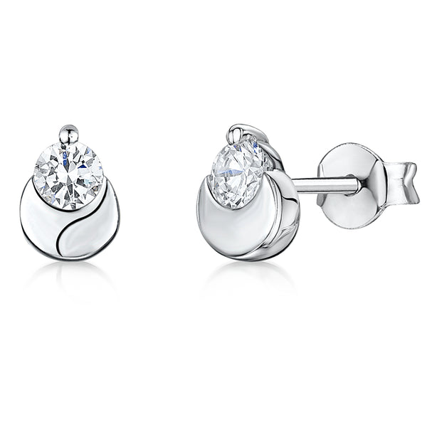 Cubic Zirconia Stud Earrings Cupped By Half Moon Sterling Silver Setting JOOLS by Jenny Brown