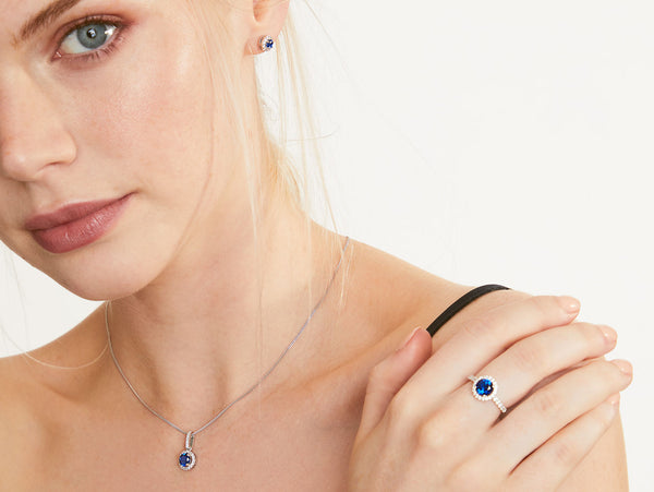 Sterling Silver And Zirconia Halo Stud Sapphire Blue Earrings- JOOLS by Jenny Brown
