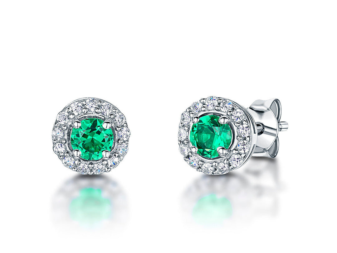 Sterling Silver And Zirconia Halo Stud Emerald Green Earrings- JOOLS by Jenny Brown