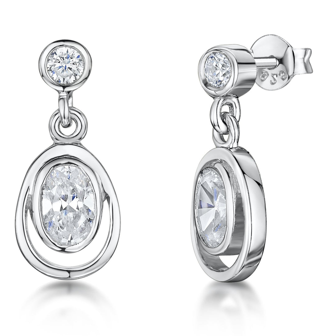 Sterling Silver Oval CZ Drop Earring With A Silver Surround - JOOLS By Jenny Brown