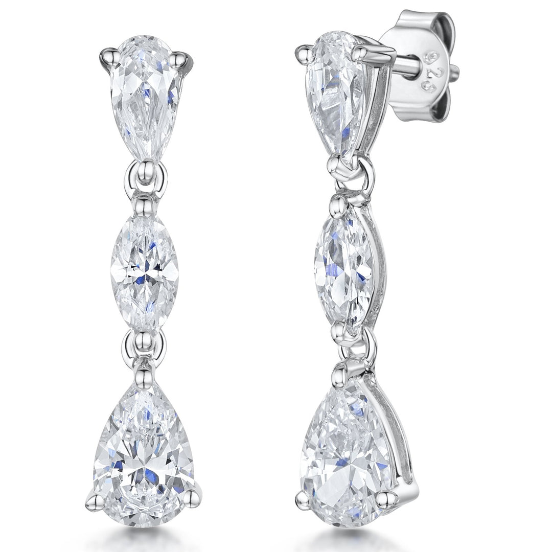 Sterling Silver Drop Earrings - Featuring 3 Graduated Pear and Marquise Shape Cubic Zirconia Stones - JOOLS By Jenny Brown