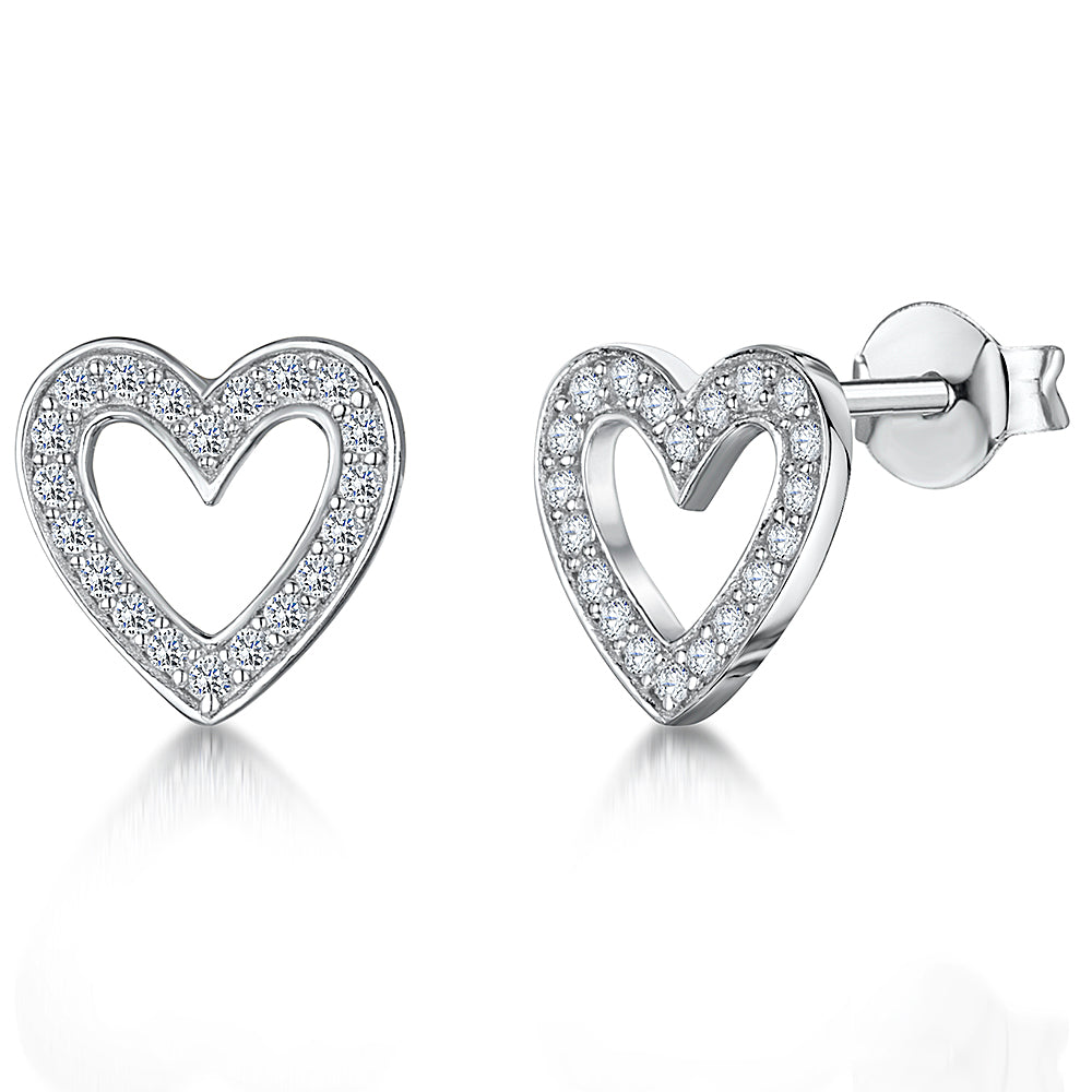 Sterling Silver Small Open Heart Stud Earrings Set With Cubic Zirconia-JOOLS by Jenny  Brown