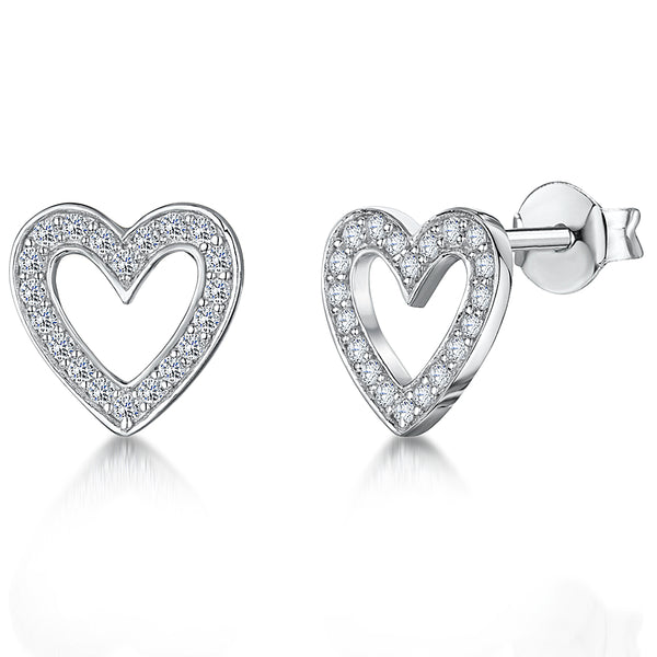 Sterling Silver Small Open Heart Stud Earrings Set With Cubic Zirconia-JOOLS by Jenny  Brown