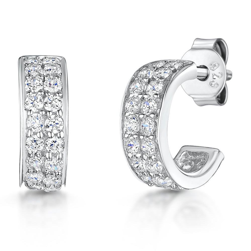 Sterling Silver Half Hoop Huggie Stud Earrings Set with Two Rows of Round Cubic Zirconia Stones - JOOLS By Jenny Brown