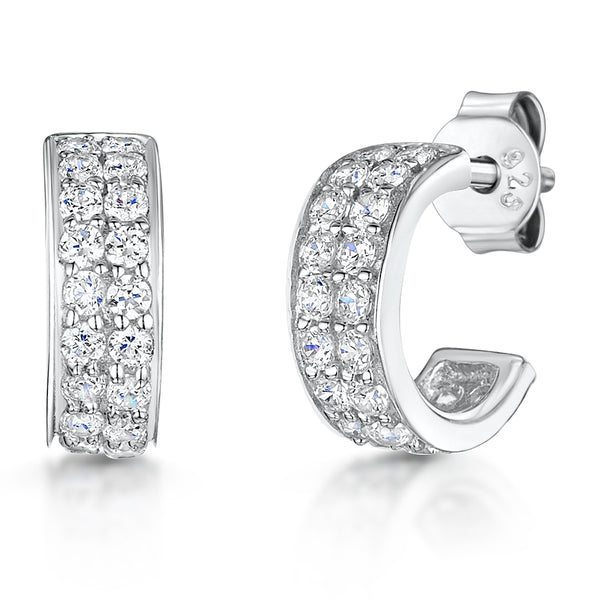 Sterling Silver Half Hoop Huggie Stud Earrings Set with Two Rows of Round Cubic Zirconia Stones - JOOLS By Jenny Brown