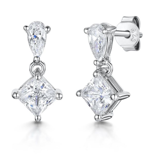 Sterling Silver Drop Earrings-Featuring A Square Cubic Zirconia and a Teardrop Bale - JOOLS By Jenny Brown
