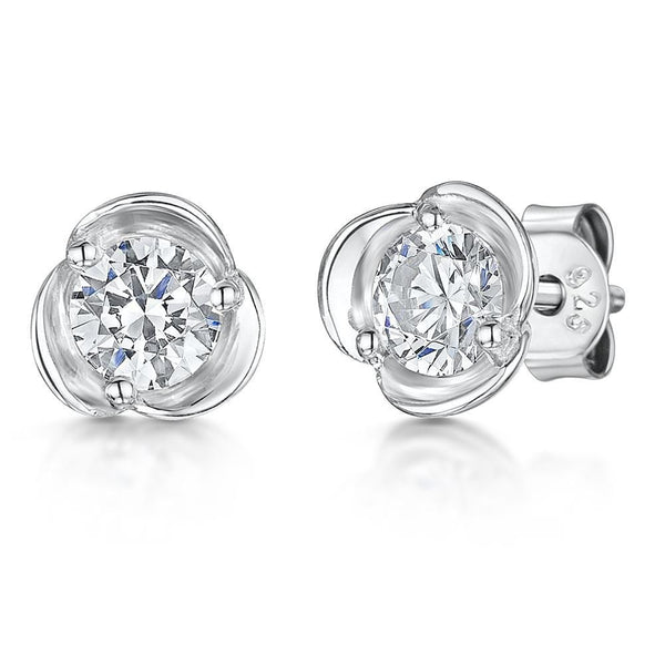 Sterling Silver Stud 3 Petal Earrings Cubic Zirconia Stud Earring -Rub Set - JOOLS By Jenny Brown