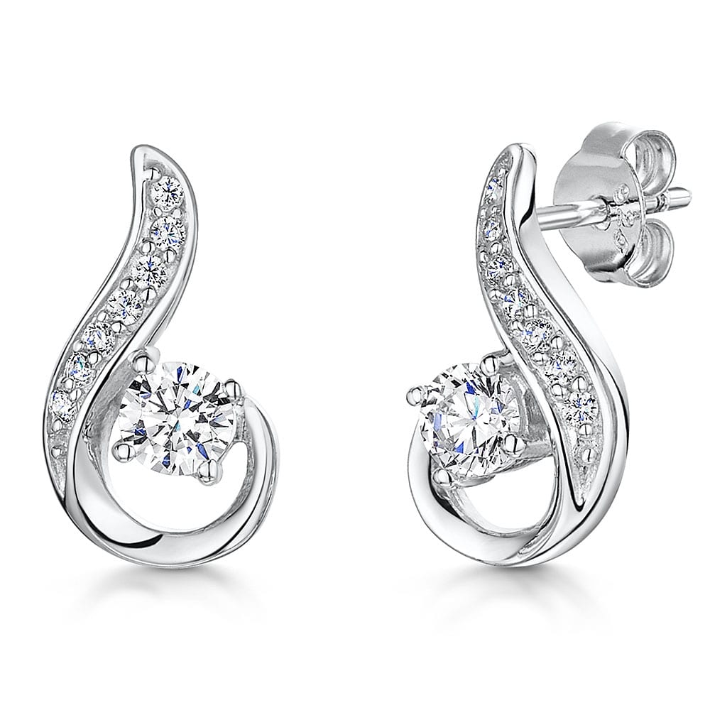 Sterling Silver 'Curl' Stud Earring With Half Pave Cubic Zirconias & Central Solitaire JOOLS by Jenny Brown