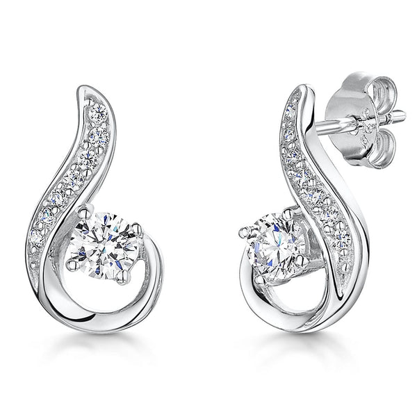 Sterling Silver 'Curl' Stud Earring With Half Pave Cubic Zirconias & Central Solitaire JOOLS by Jenny Brown