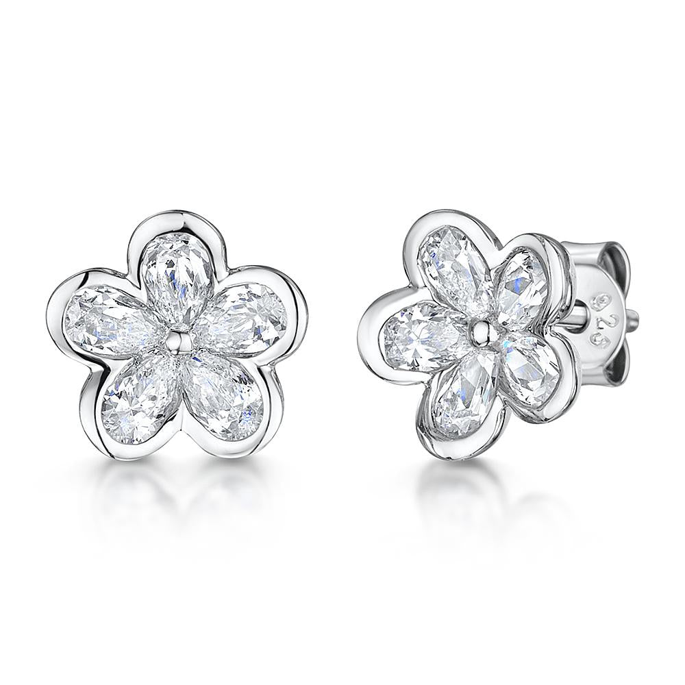 Sterling Silver Flower Earrings Set With Five Cubic Zirconia Petals - JOOLS By Jenny Brown