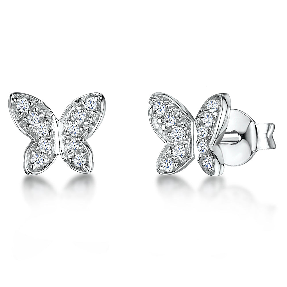 Pair of dainty sterling silver butterfly stud earrings fully embellished with micro-pavé clear cubic zirconia stones.