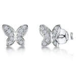 Load image into Gallery viewer, Pair of dainty sterling silver butterfly stud earrings fully embellished with micro-pavé clear cubic zirconia stones.
