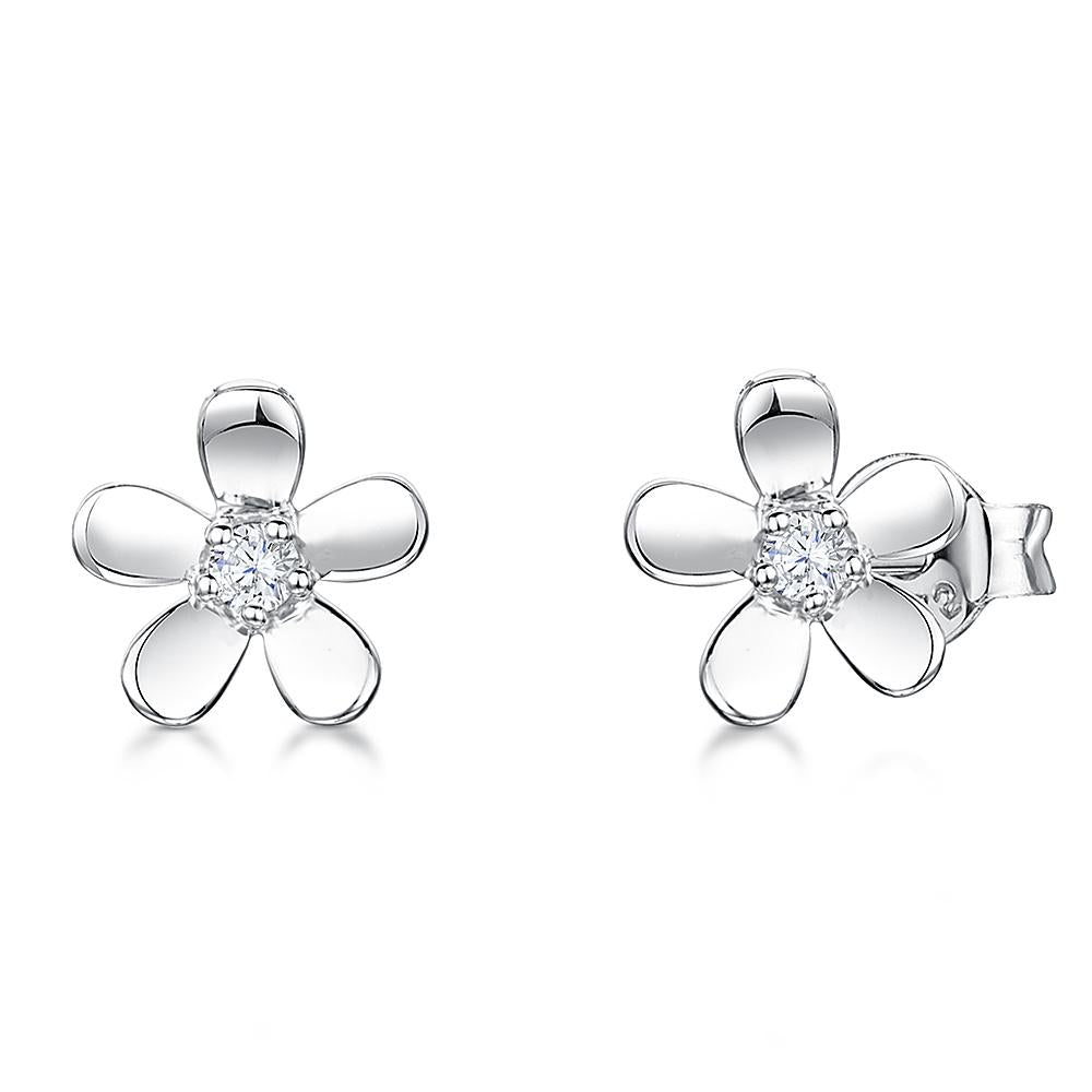 Sterling Silver Flower Petal Earrings With Polished Petals And A Round Cubic Zirconia Stone CentreEarrings - JOOLS By Jenny Brown