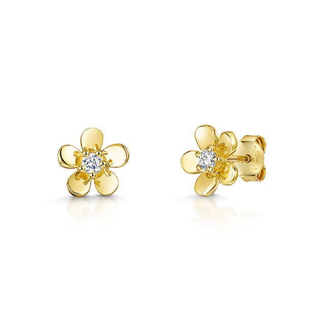 Yellow Gold Petal Earrings With Cubic Zirconia Centres-JOOLS By Jenny Brown