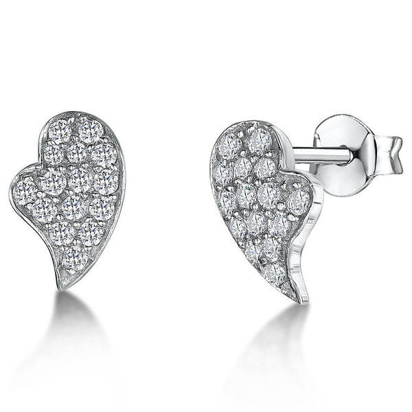 Sterling Silver Pave Offset Heart Stud Earrings - JOOLS By Jenny Brown