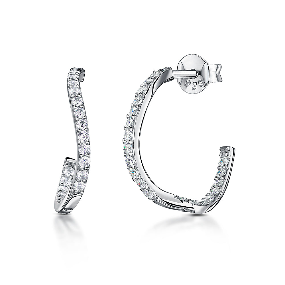 Sterling Silver Wavy Hoop Earring With Pin & Butterfly Clasp And Pave Set Cubic Zirconias JOOLS by Jenny Brown