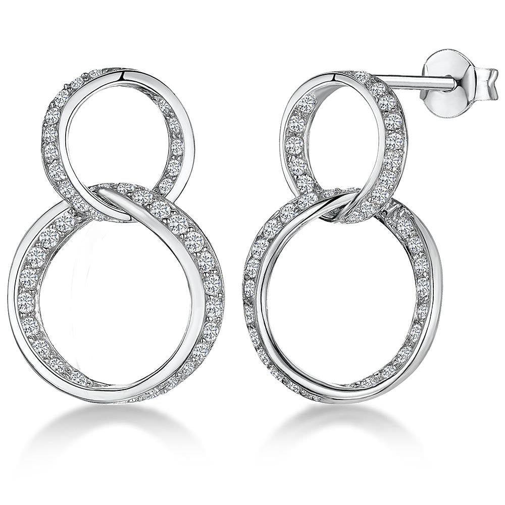 Sterling Silver Double Circle Drop  Earrings Set With Cubic Zirconia StonesEarrings - JOOLS By Jenny Brown