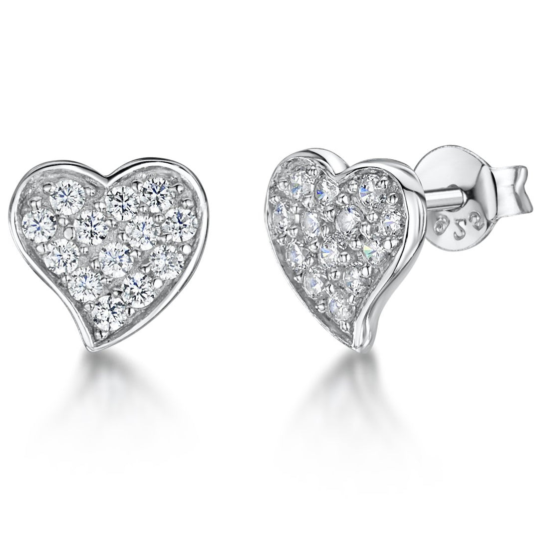 Sterling Silver Small  Offset Pave Set  Heart Stud Earringsearrings - JOOLS By Jenny Brown