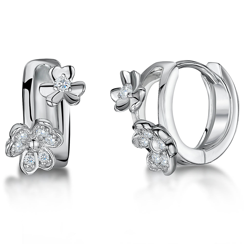 Sterling Silver Huggy Hoop Earrings Set With Cubic Zirconia Flowers JOOLS by Jenny Brown