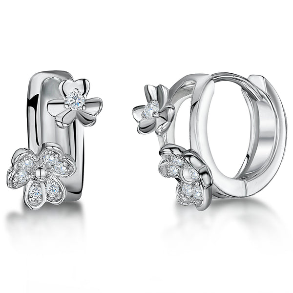 Sterling Silver Huggy Hoop Earrings Set With Cubic Zirconia Flowers JOOLS by Jenny Brown