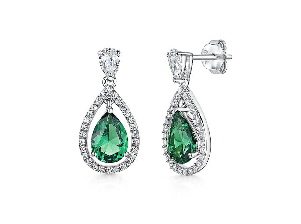 Sterling Silver Halo Teardrop Earrings Set With Green Emerald Cubic Zirconia's.  JOOLS by Jenny Brown