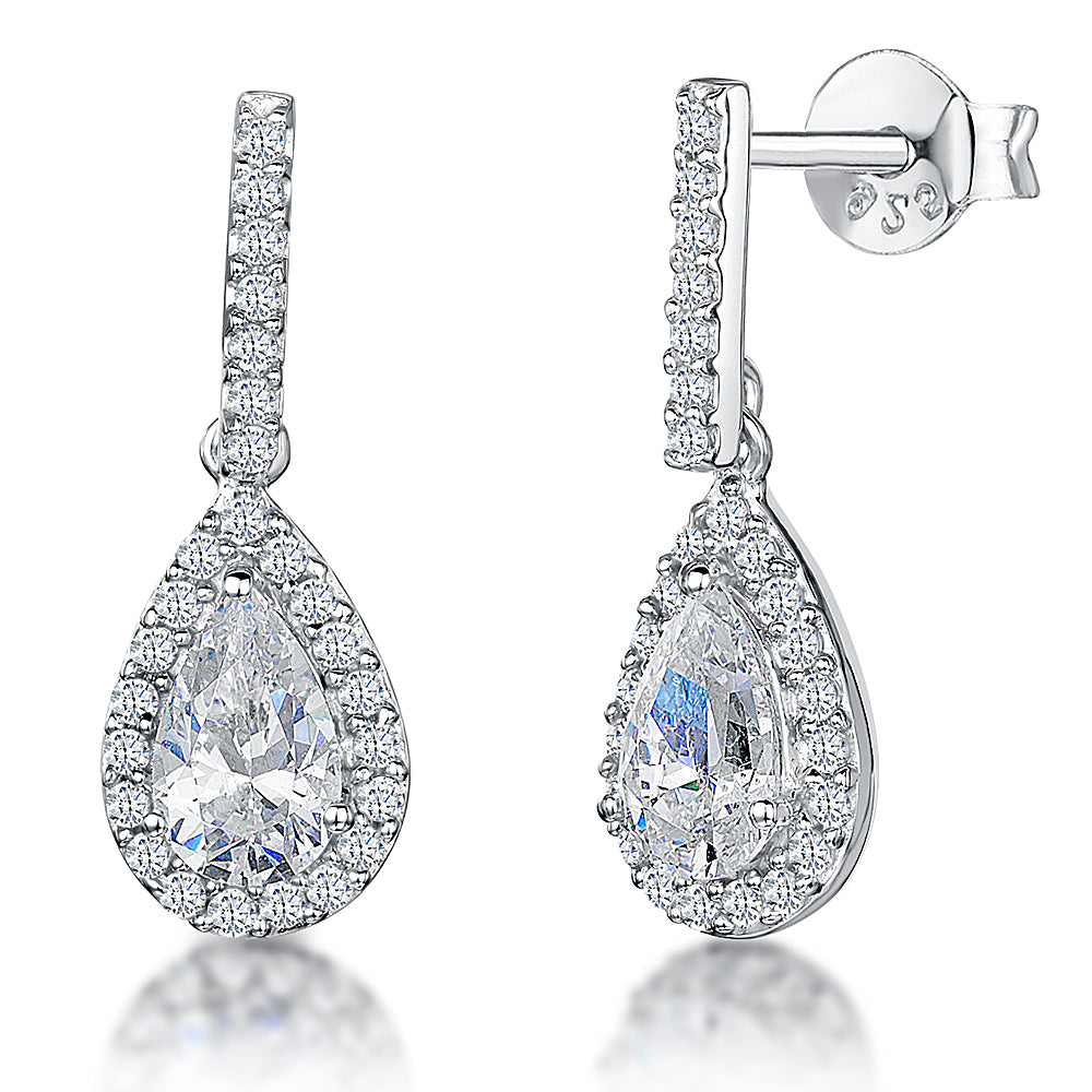 Sterling Silver Teardrop Drop Cubic Zirconia Earring With Pave Surround And Bale JOOLS by Jenny Brown