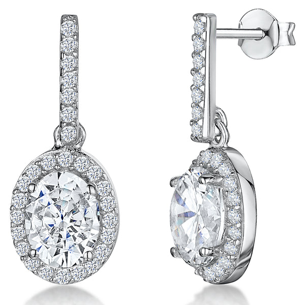 Sterling Silver Oval Cubic Zirconia Drop Earring With Pave Surround And Bale JOOLS by Jenny Brown