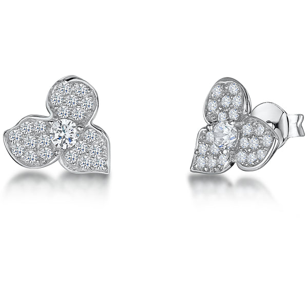 Sterling Silver Three Petal Pave Set Stud Earring With Central Cubic Zirconia JOOLS by Jenny Brown