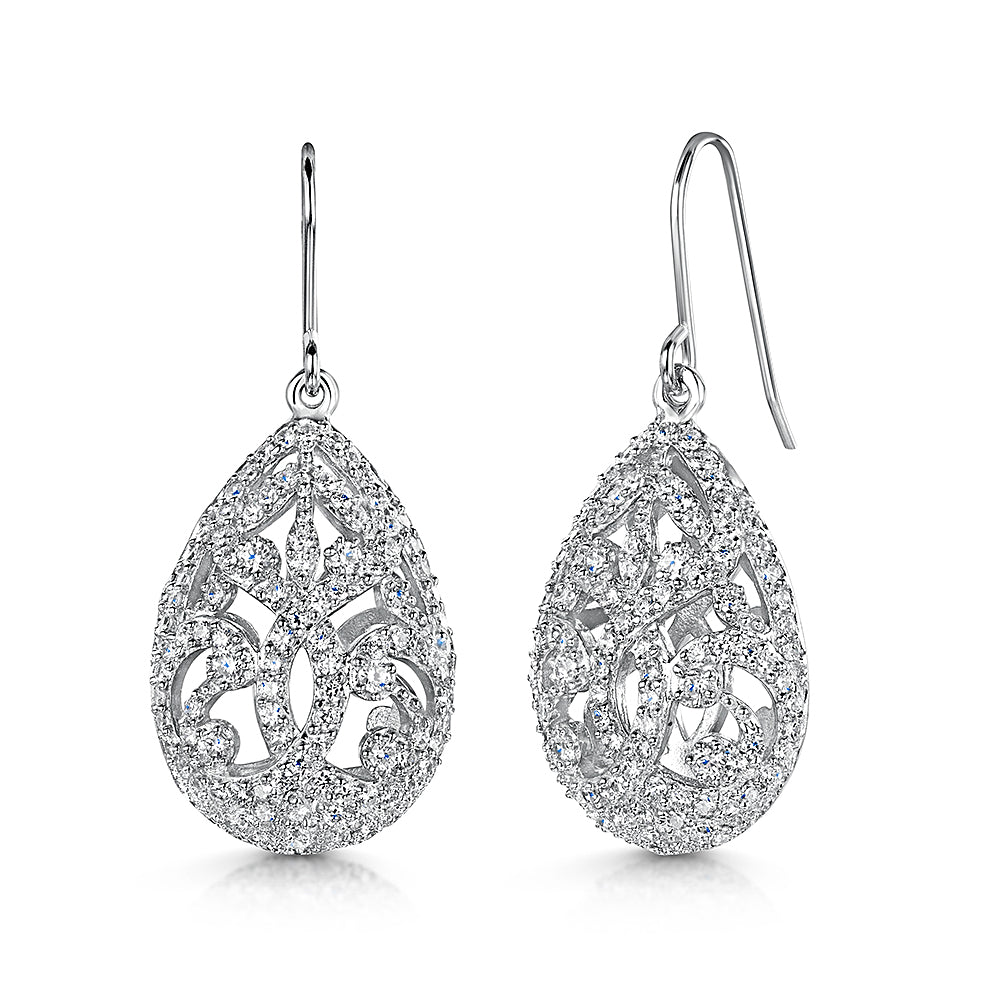 Sterling Silver Pave Set Art Deco Drop Earrings