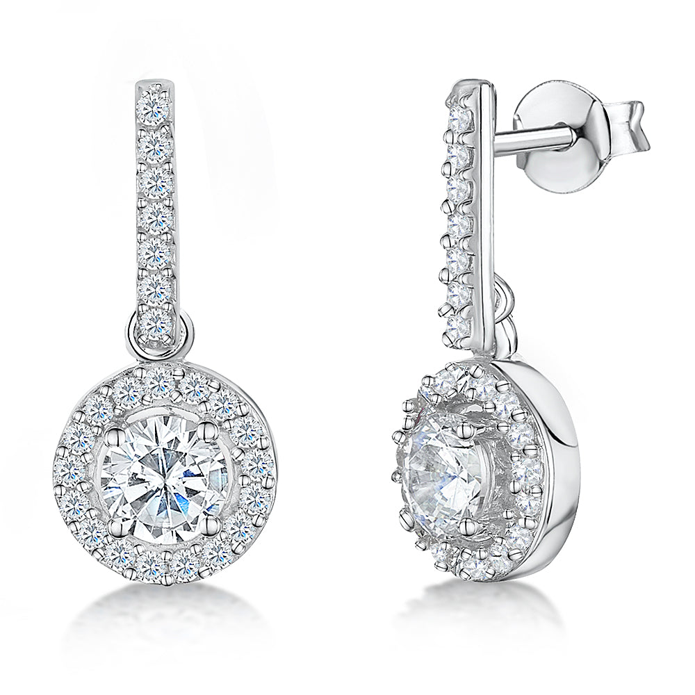 Sterling Silver Halo Drop Round Brilliant Cut Cubic Zirconia Earrings Set With A 1 Carat Centre Stone - JOOLS By Jenny Brown