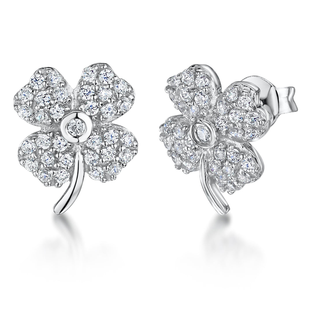 Sterling Silver Four Leaf Clover Stud Earrings Set With Cubic Zirconias JOOLS by Jenny Brown
