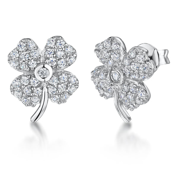 Sterling Silver Four Leaf Clover Stud Earrings Set With Cubic Zirconias JOOLS by Jenny Brown