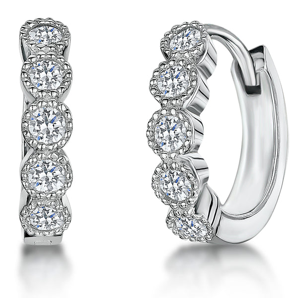 Sterling Silver Huggie Hoop Earrings With 'Cupcake' Style Cubic Zirconia. Beaded Millgrain Surround JOOLS by Jenny Brown
