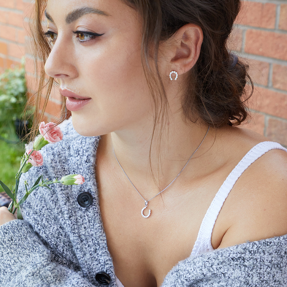 Sterling Silver  Cubic Zirconia Horseshoe Earrings-JOOLS By Jenny Brown