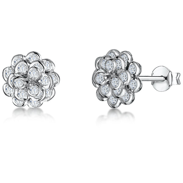 Sterling Silver Flower Stud Earrings With Layered Petals Of Cubic Zirconia JOOLS by Jenny Brown