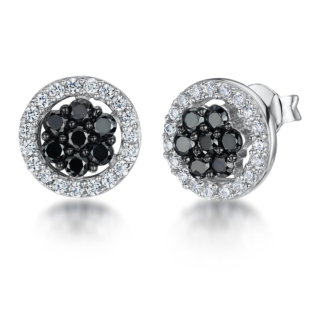 Sterling Silver And Cubic Zirconia Halo Stud Earrings With Black Centre JOOLS by Jenny Brown