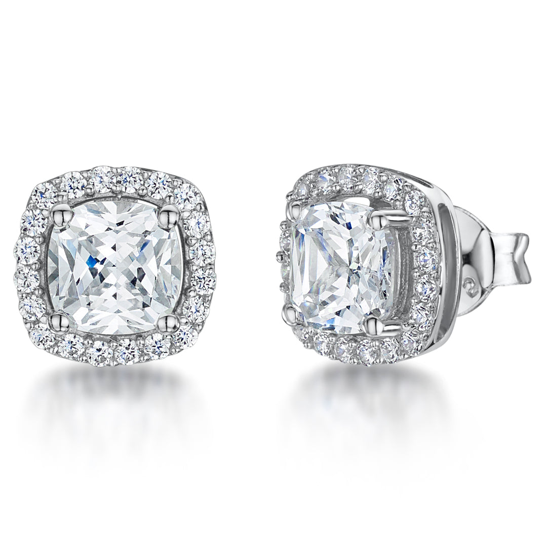 Sterling Silver Cushion Cut Stud Earrings With Central Cubic Zirconia JOOLS by Jenny Brown