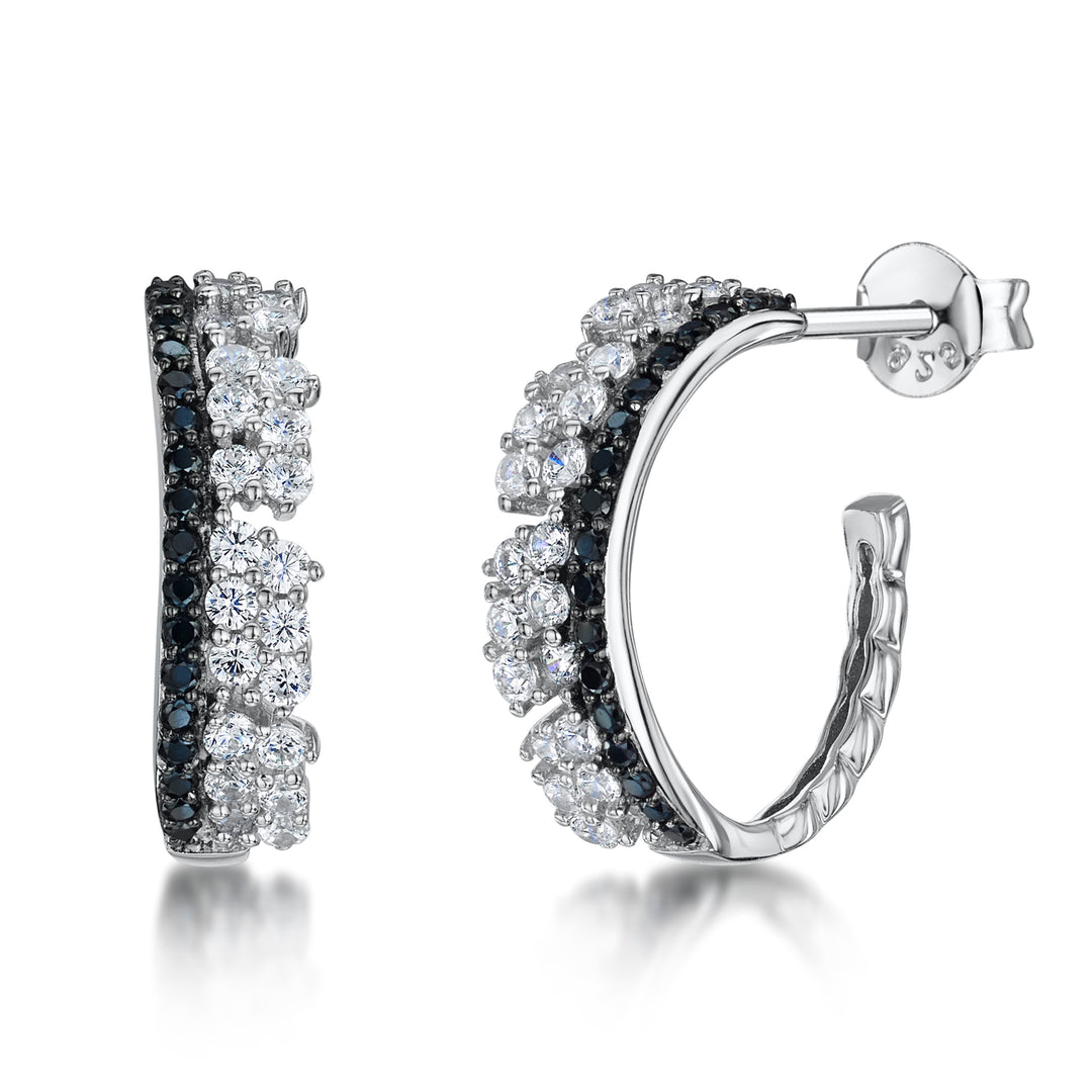 Sterling Silver 3/4 Hoop Earrings With White & Black Cubic Zirconias JOOLS by Jenny Brown