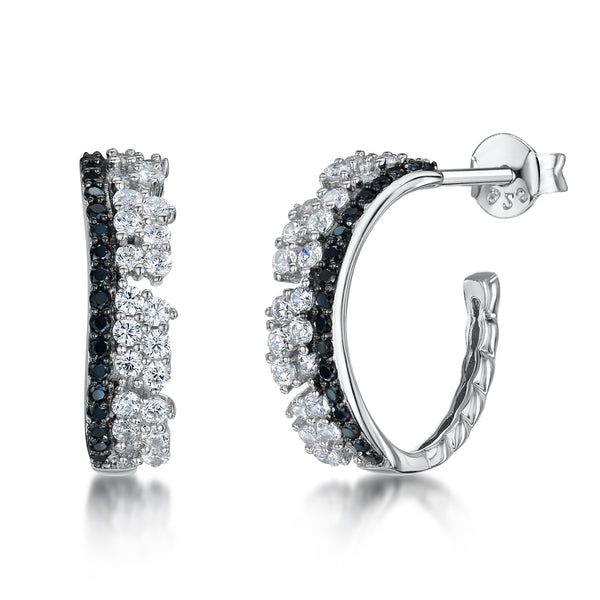 Sterling Silver 3/4 Hoop Earrings With White & Black Cubic Zirconias JOOLS by Jenny Brown