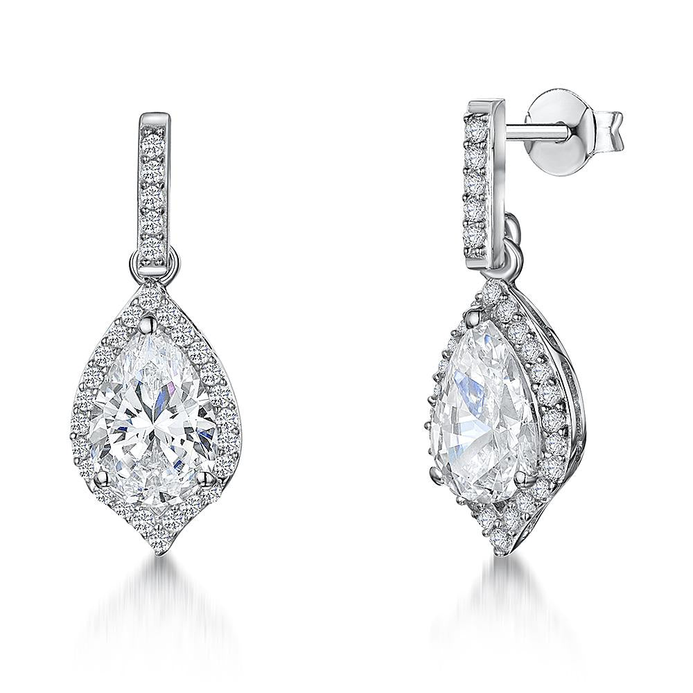 Sterling Silver Earrings Halo Style Earrings With a Pear Shape Stone Centre and Small Stone Surround - JOOLS By Jenny Brown
