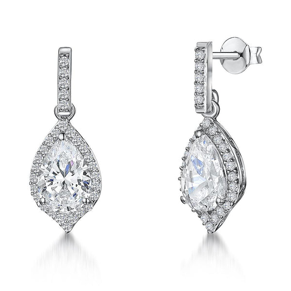 Sterling Silver Earrings Halo Style Earrings With a Pear Shape Stone Centre and Small Stone Surround - JOOLS By Jenny Brown