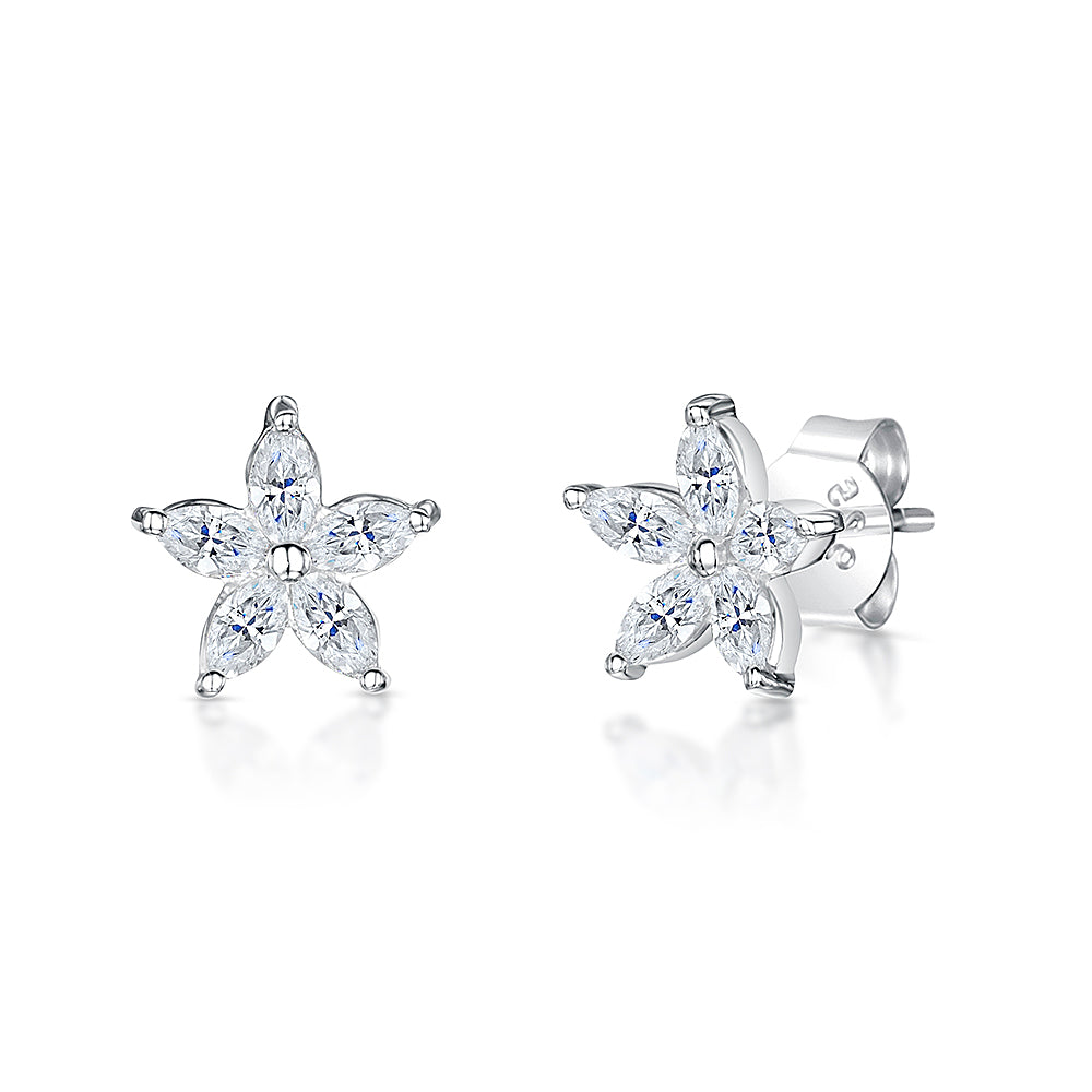 Sterling Silver Flower Stud Earring With 5 Marquise Cubic Zirconia Petals -JOOLS by Jenny Brown