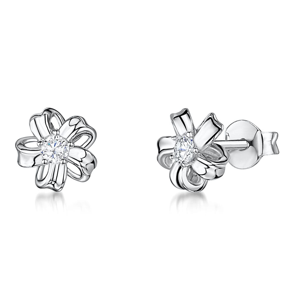 Sterling Silver Delicate Flower Stud With Folded Petals And Central Cubic Zirconia JOOLS by Jenny Brown