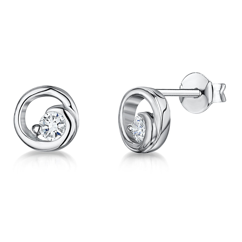 Sterling Silver Open Swirl Circle Stud Set With Offset Cubic Zirconia JOOLS by Jenny Brown