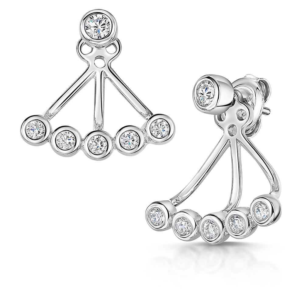 Sterling Silver  Jacket Earrings With  A Row Of  Cubic Zirconia Stones